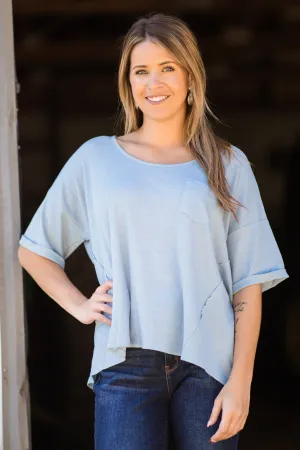 Pastel Blue Drop Shoulder Thermal Knit Top
