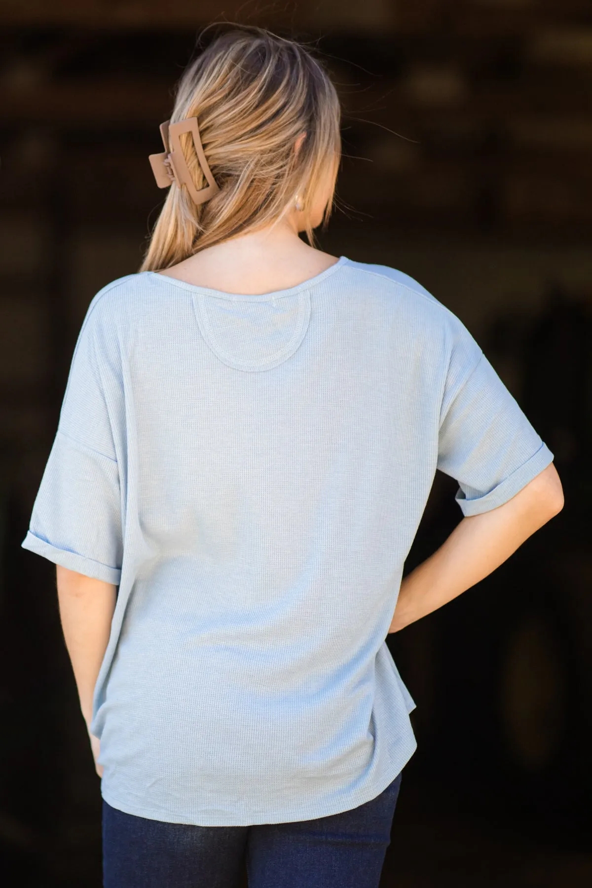 Pastel Blue Drop Shoulder Thermal Knit Top