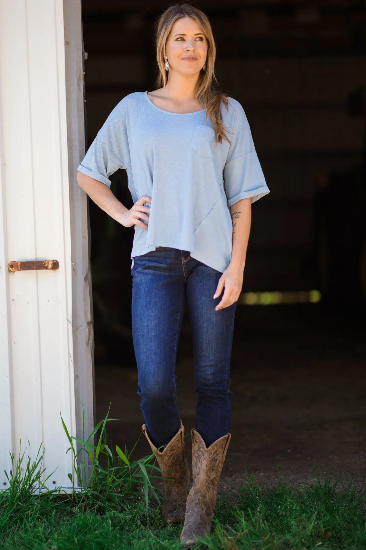 Pastel Blue Drop Shoulder Thermal Knit Top