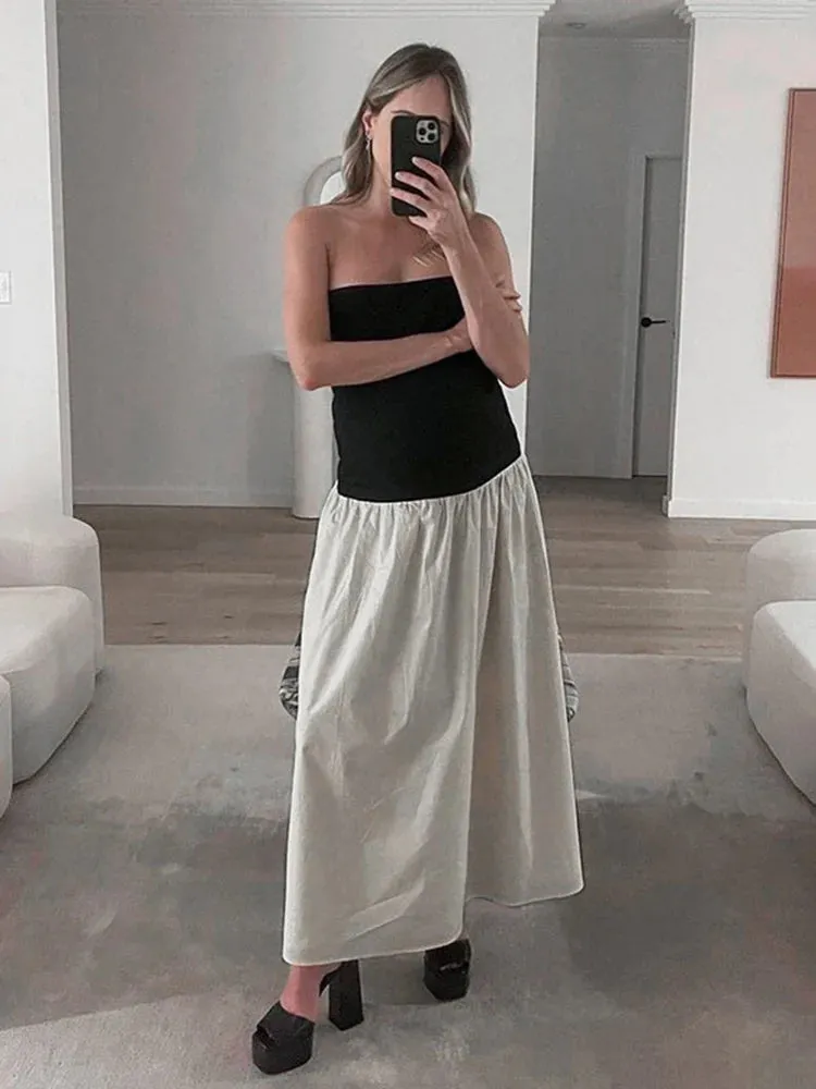 Patchwork Strapless Sleeveless Dress Contrast Color A-Line High Waist Long Party Dress New Fashion Outfits