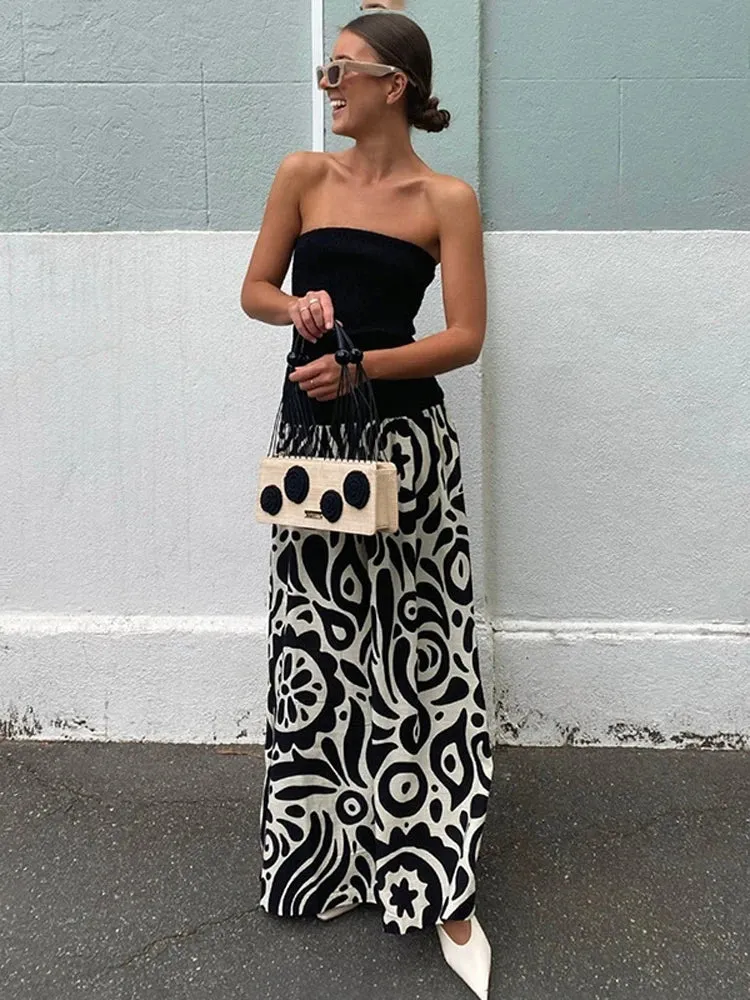 Patchwork Strapless Sleeveless Dress Contrast Color A-Line High Waist Long Party Dress New Fashion Outfits