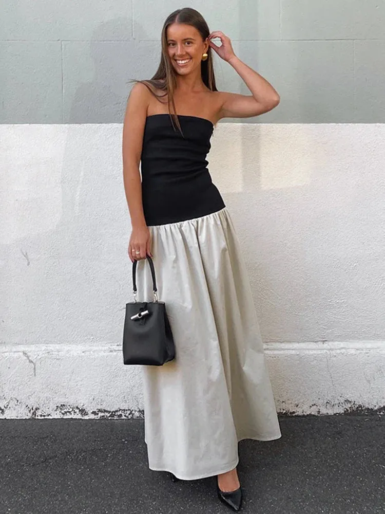 Patchwork Strapless Sleeveless Dress Contrast Color A-Line High Waist Long Party Dress New Fashion Outfits