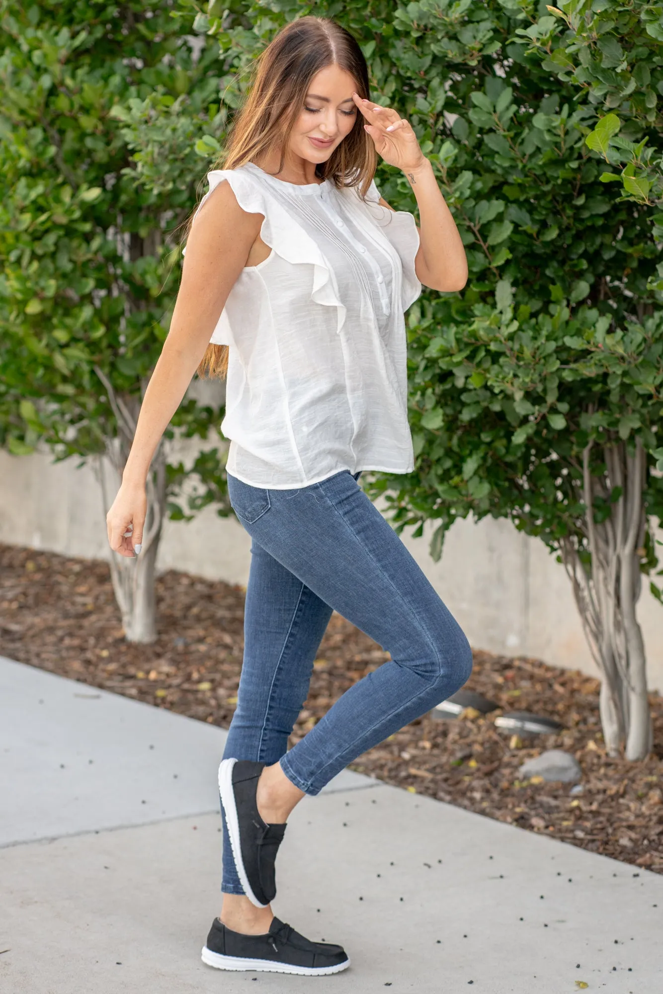 Pin Tuck Front Sleeveless Top - White