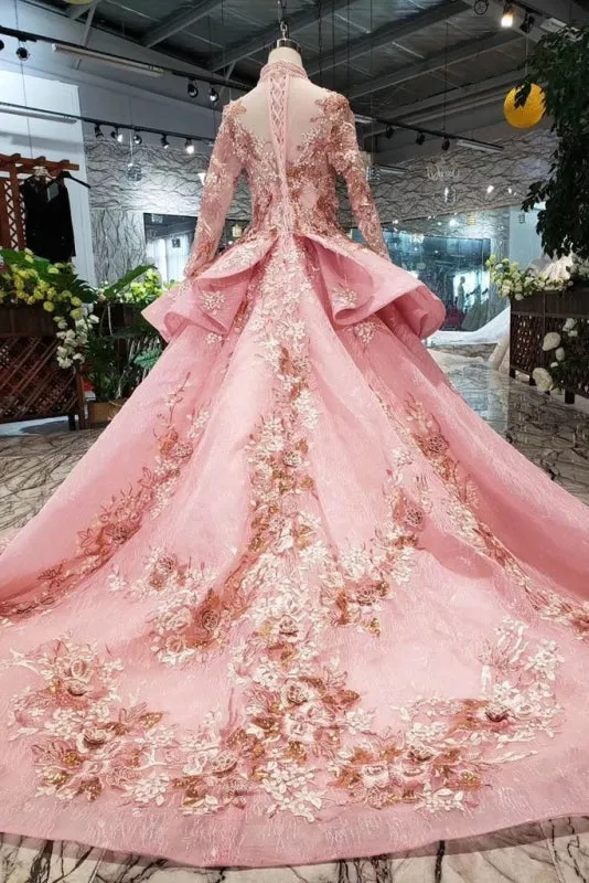 Pink New Prom Dresses Long Sleeves Ball Gown With Applique&Beads Quinceanera Dress