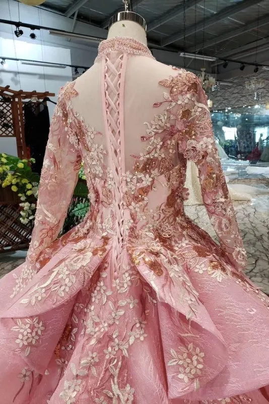 Pink New Prom Dresses Long Sleeves Ball Gown With Applique&Beads Quinceanera Dress