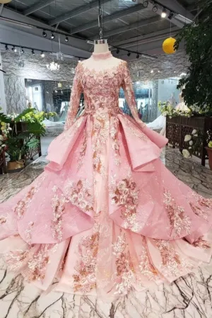 Pink New Prom Dresses Long Sleeves Ball Gown With Applique&Beads Quinceanera Dress
