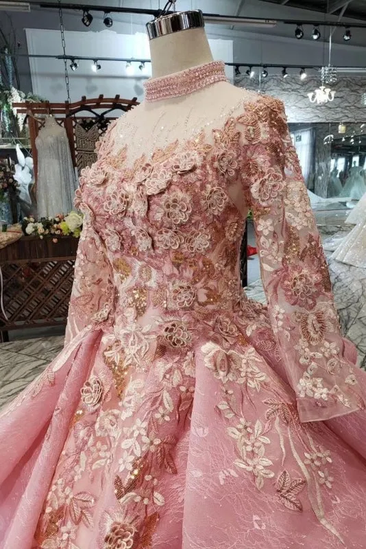 Pink New Prom Dresses Long Sleeves Ball Gown With Applique&Beads Quinceanera Dress