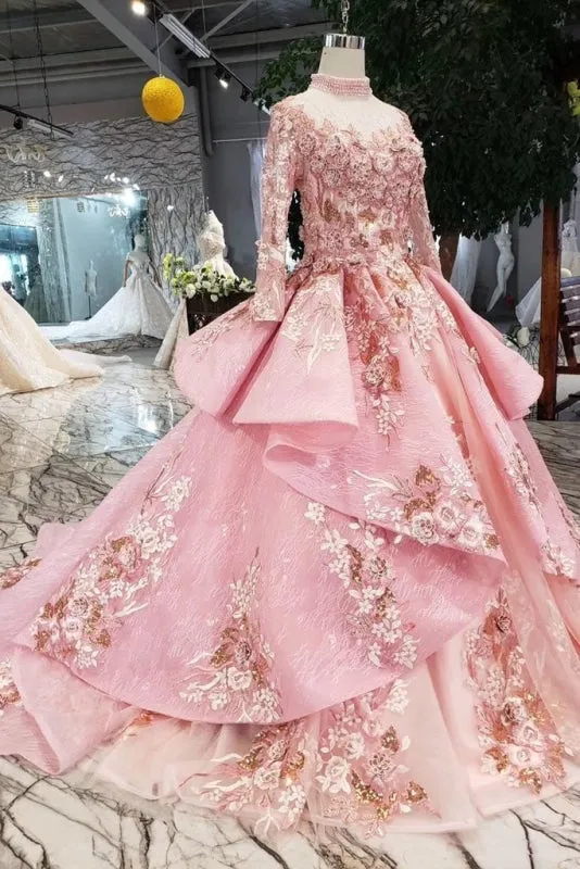 Pink New Prom Dresses Long Sleeves Ball Gown With Applique&Beads Quinceanera Dress