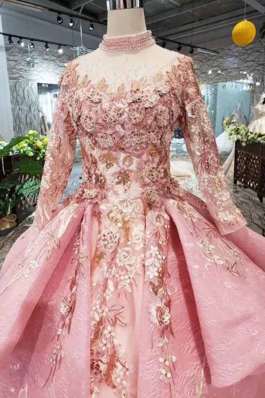 Pink New Prom Dresses Long Sleeves Ball Gown With Applique&Beads Quinceanera Dress