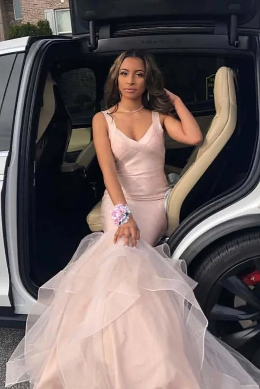 Pink Spaghetti Strap Sleeveless Floor Length Mermaid Prom Dresses