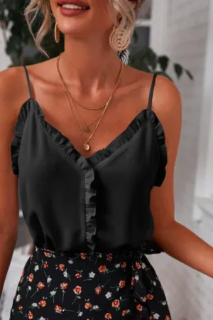 Plunge Neck Ruffle Trim Top