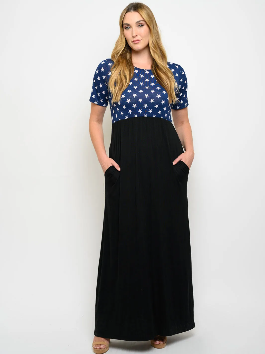 PLUS SIZE STARS PRINT WITH POCKETS MAXI DRESS