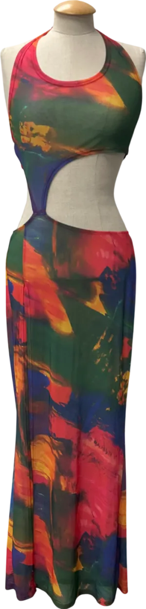 PrettyLittleThing Multicoloured Multi Abstract Print Mesh Maxi Beach Dress UK 10