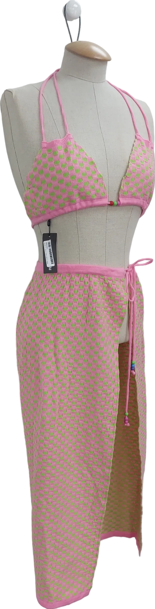 PrettyLittleThing Pink Knitted Sarong And Bead Detail Top UK S