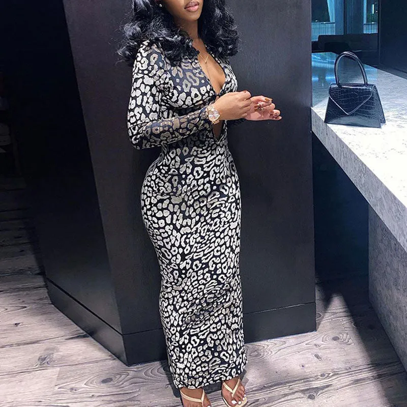 Print Long Sleeve Cut Out Maxi Dress