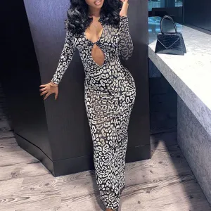 Print Long Sleeve Cut Out Maxi Dress