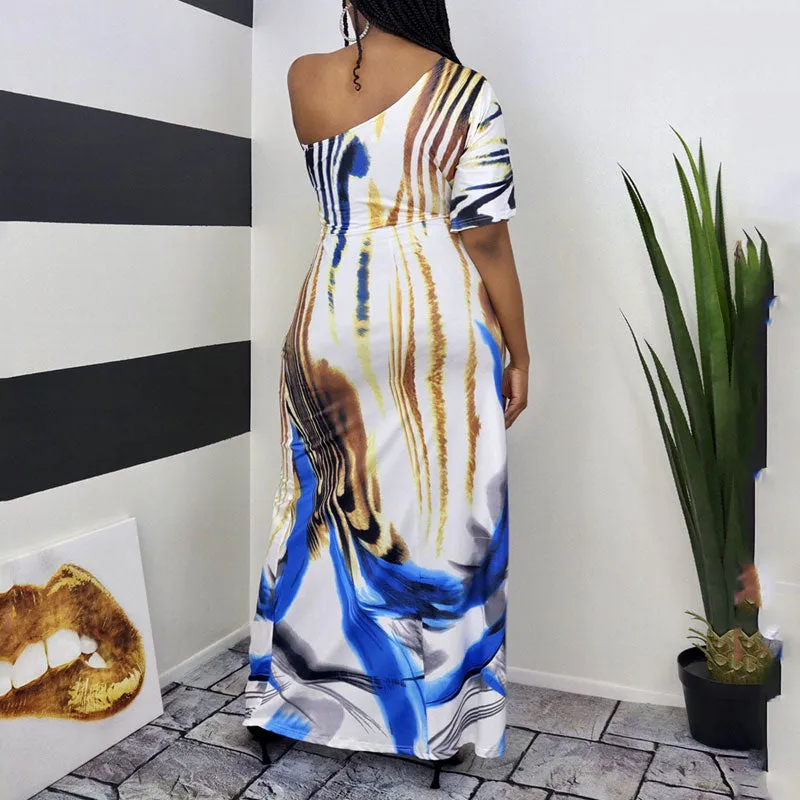 Print One Shoulder Half Sleeve Maxi Dress