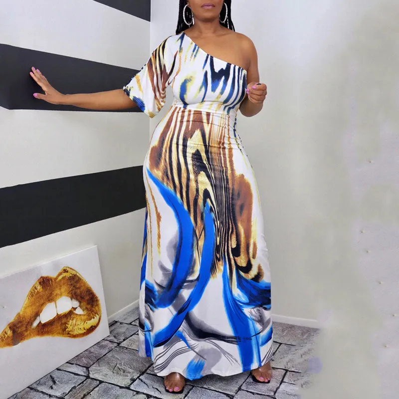 Print One Shoulder Half Sleeve Maxi Dress