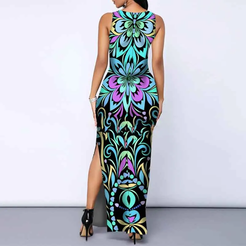 Print Sleeveless Slit Maxi Dress
