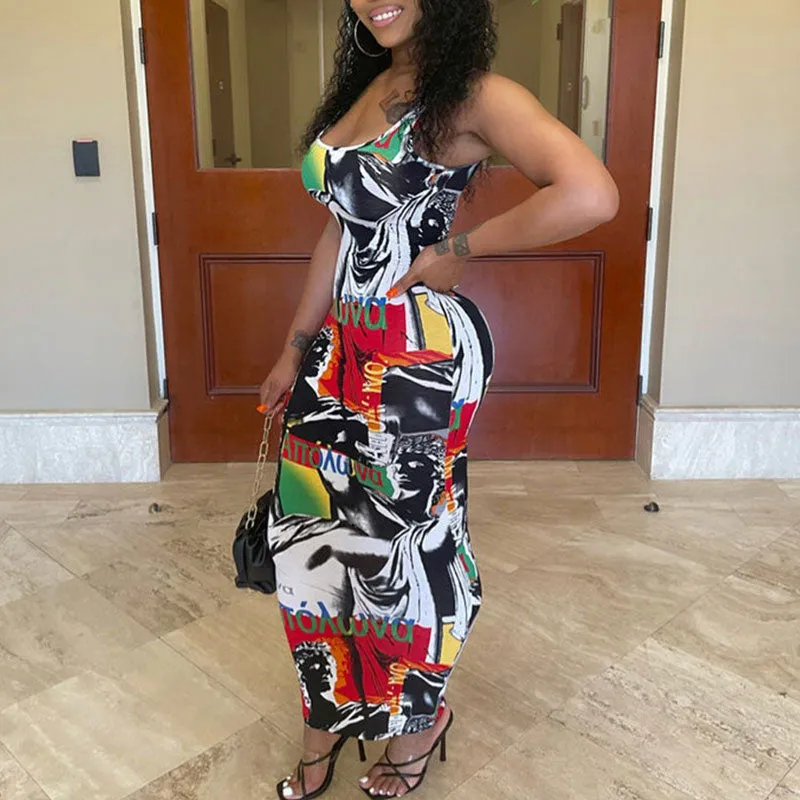 Print Sleeveless U Neck Maxi Dress