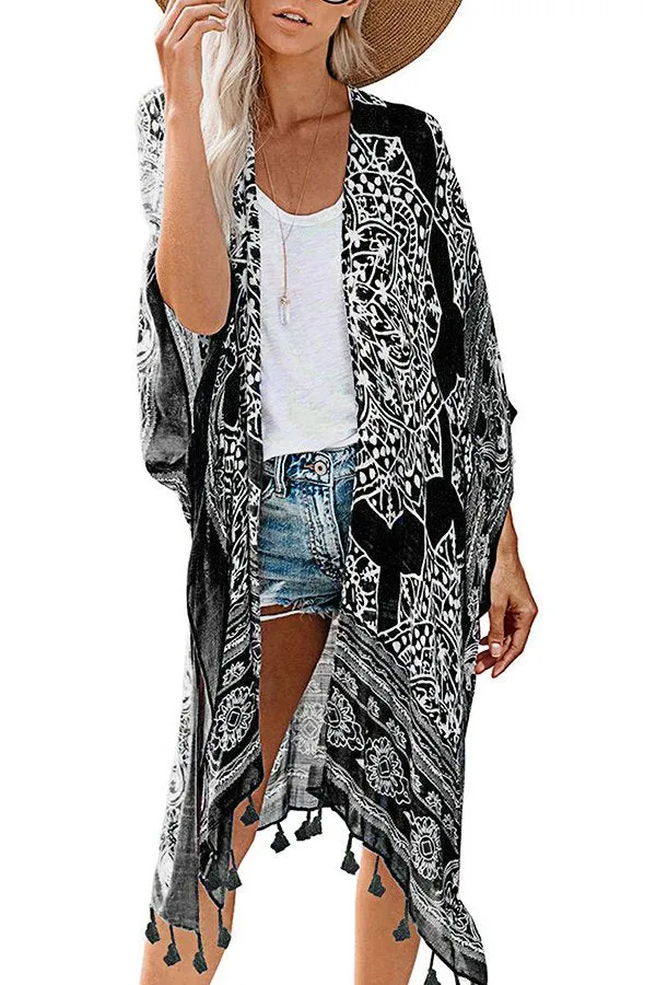 Printed Fringed Beach Blouse (Fit 99 To 154lbs)