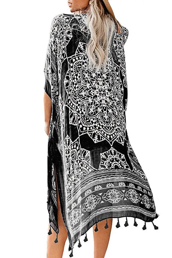 Printed Fringed Beach Blouse (Fit 99 To 154lbs)