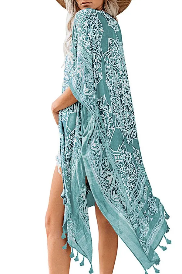 Printed Fringed Beach Blouse (Fit 99 To 154lbs)