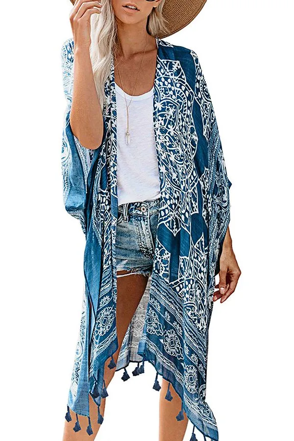 Printed Fringed Beach Blouse (Fit 99 To 154lbs)