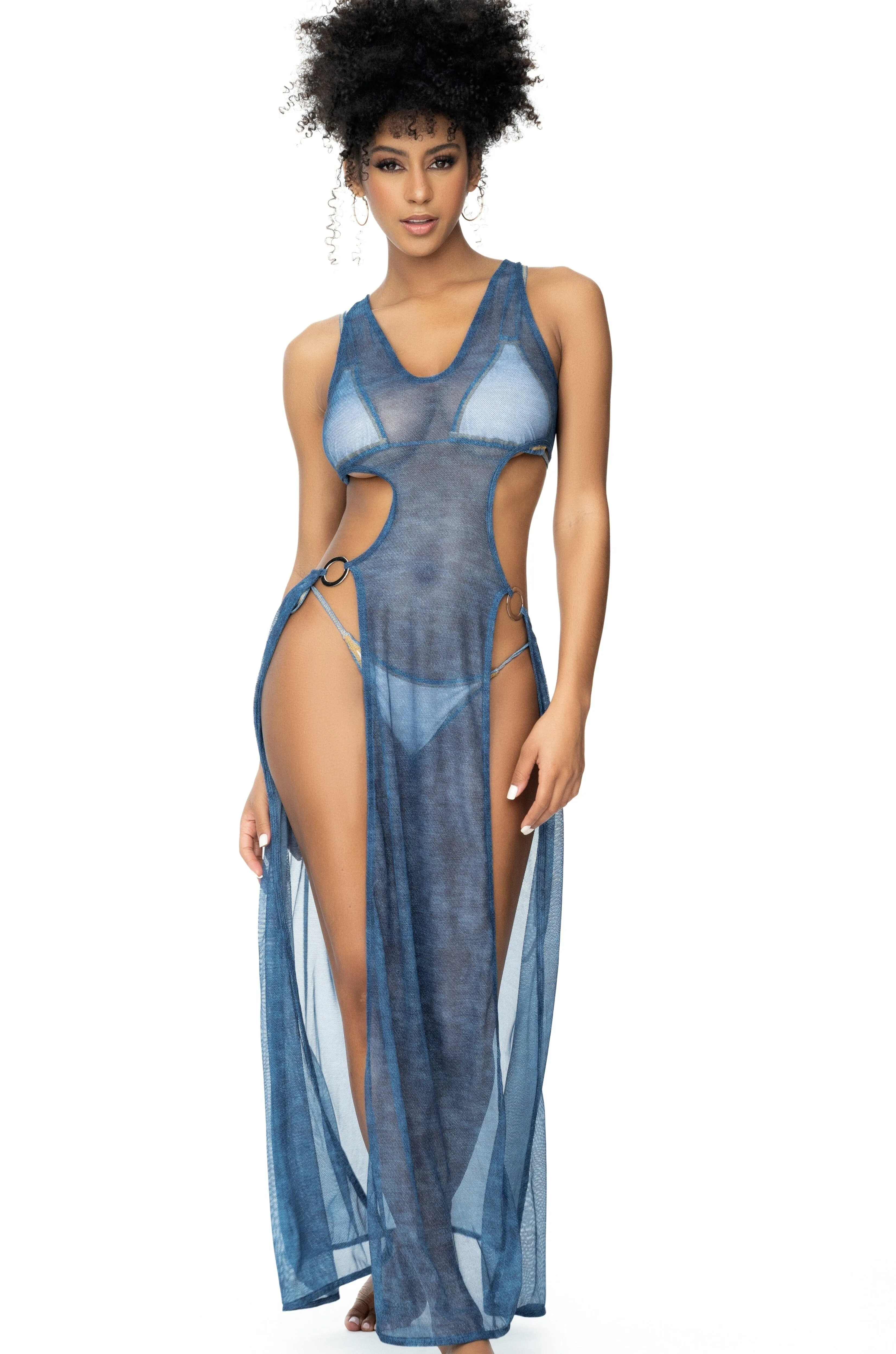 Printed Mesh Beach Dress with Front Ring Detail