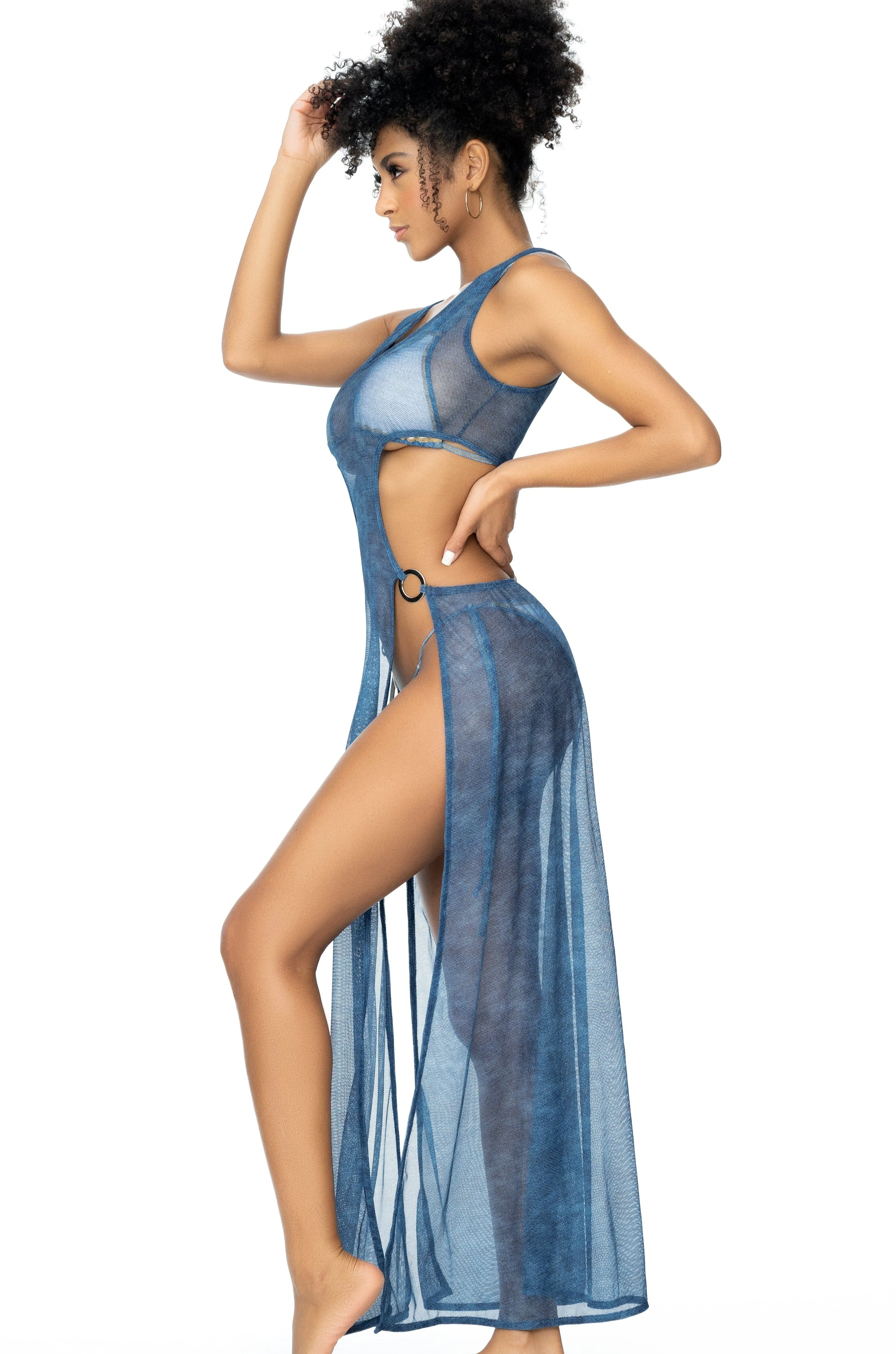 Printed Mesh Beach Dress with Front Ring Detail