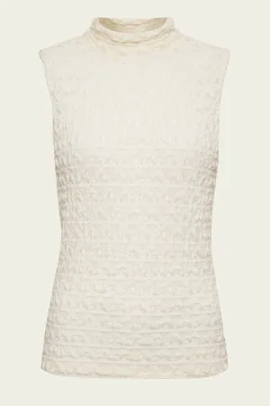 Puckered Lace Sleeveless Mockneck in Off-White