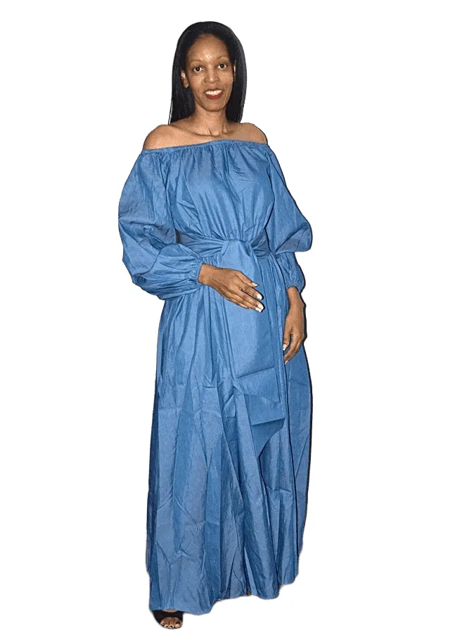 Puff Sleeve Denim Maxi Dress