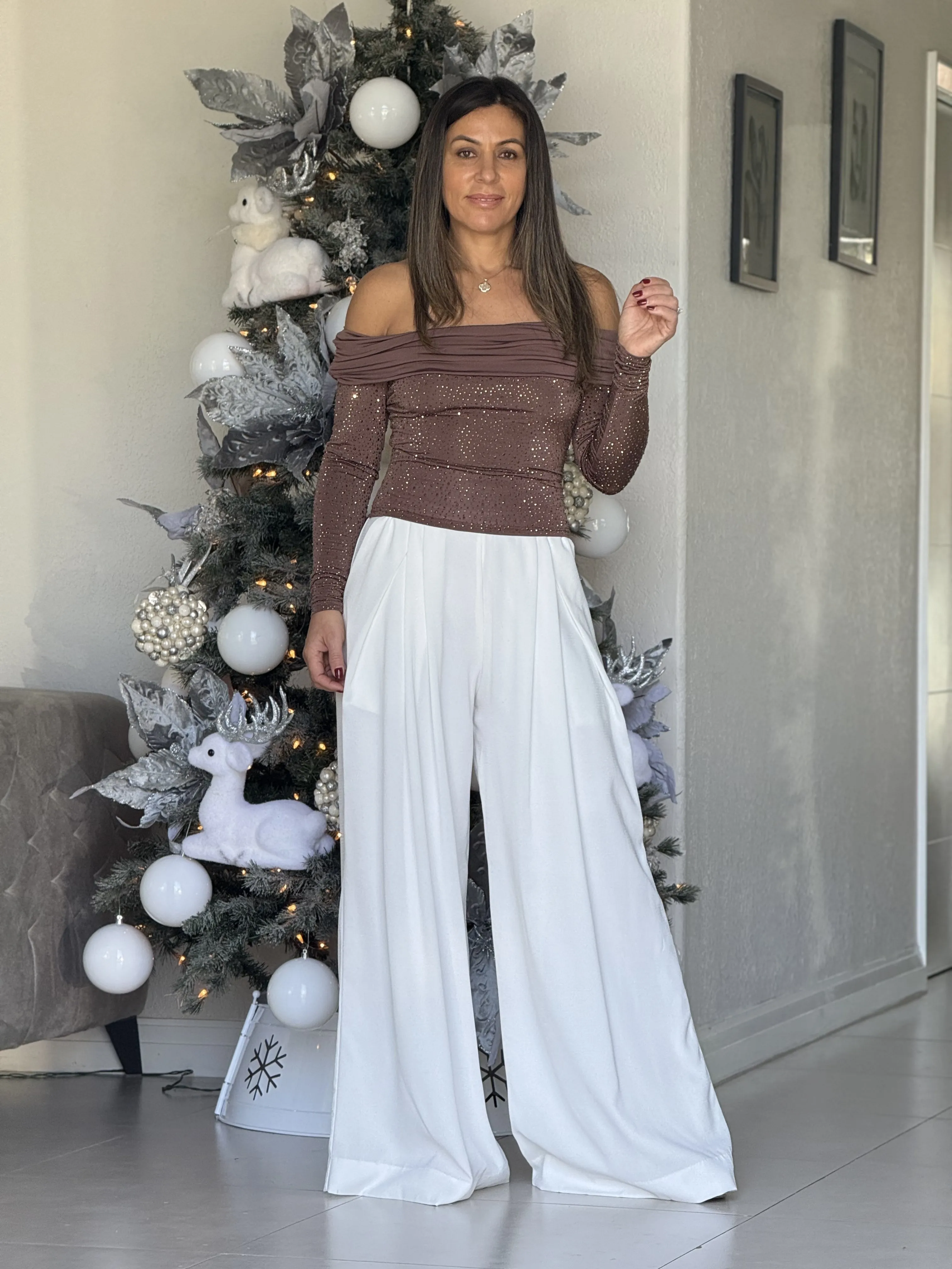"Genesis" Rhinestone Long Sleeve Off Shoulder Top
