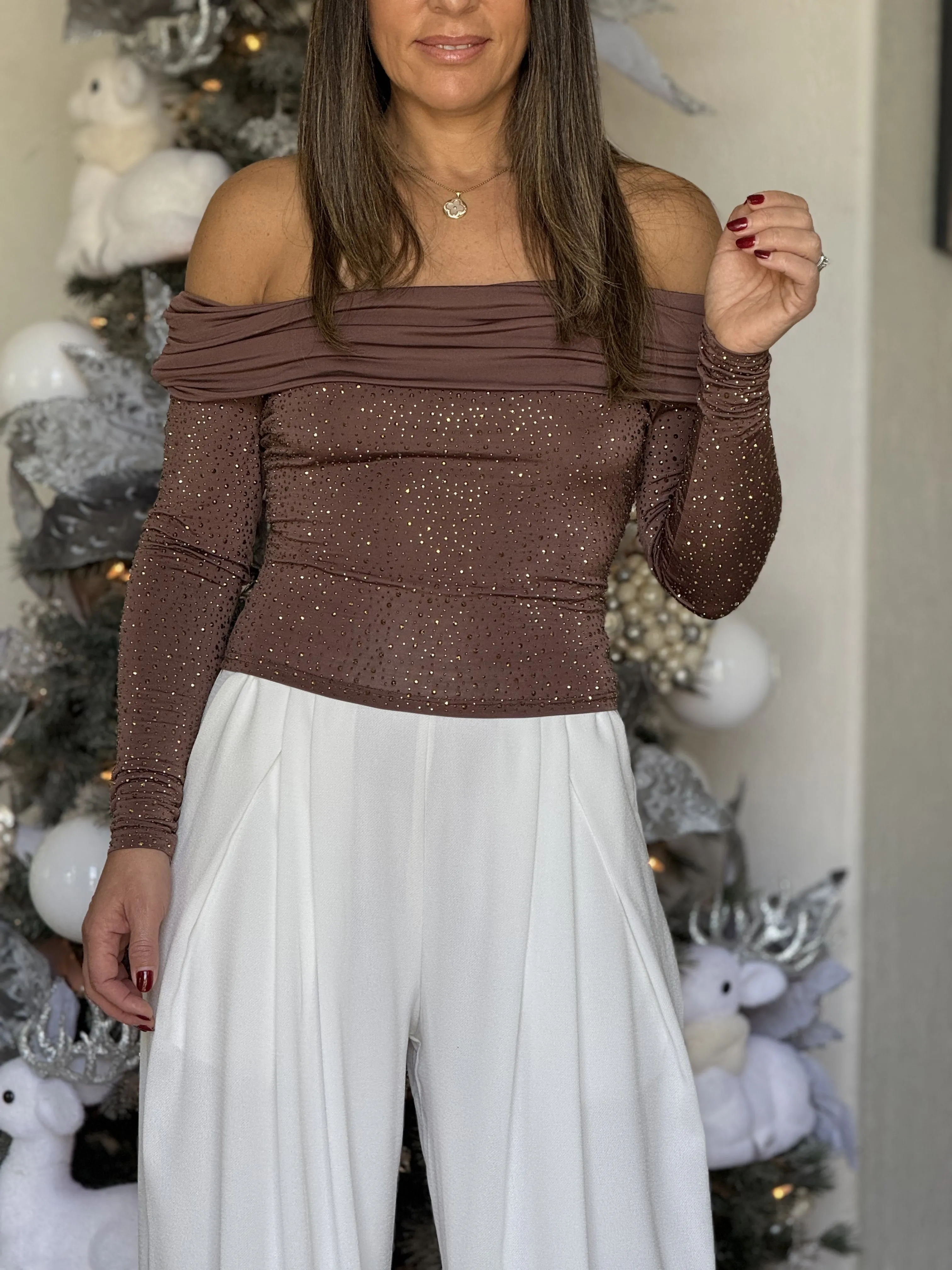 "Genesis" Rhinestone Long Sleeve Off Shoulder Top