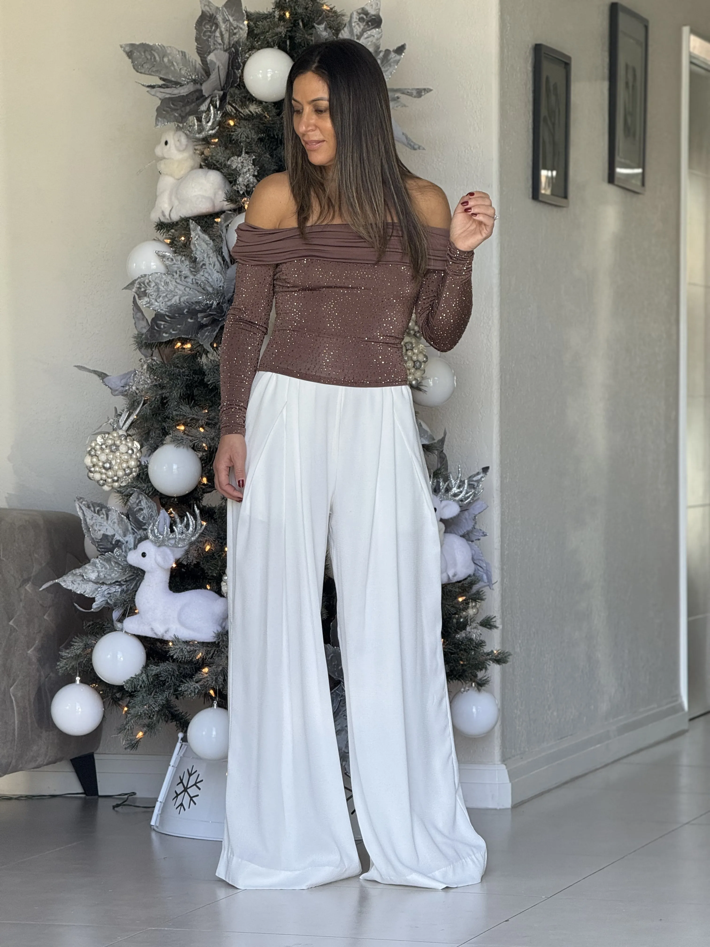 "Genesis" Rhinestone Long Sleeve Off Shoulder Top