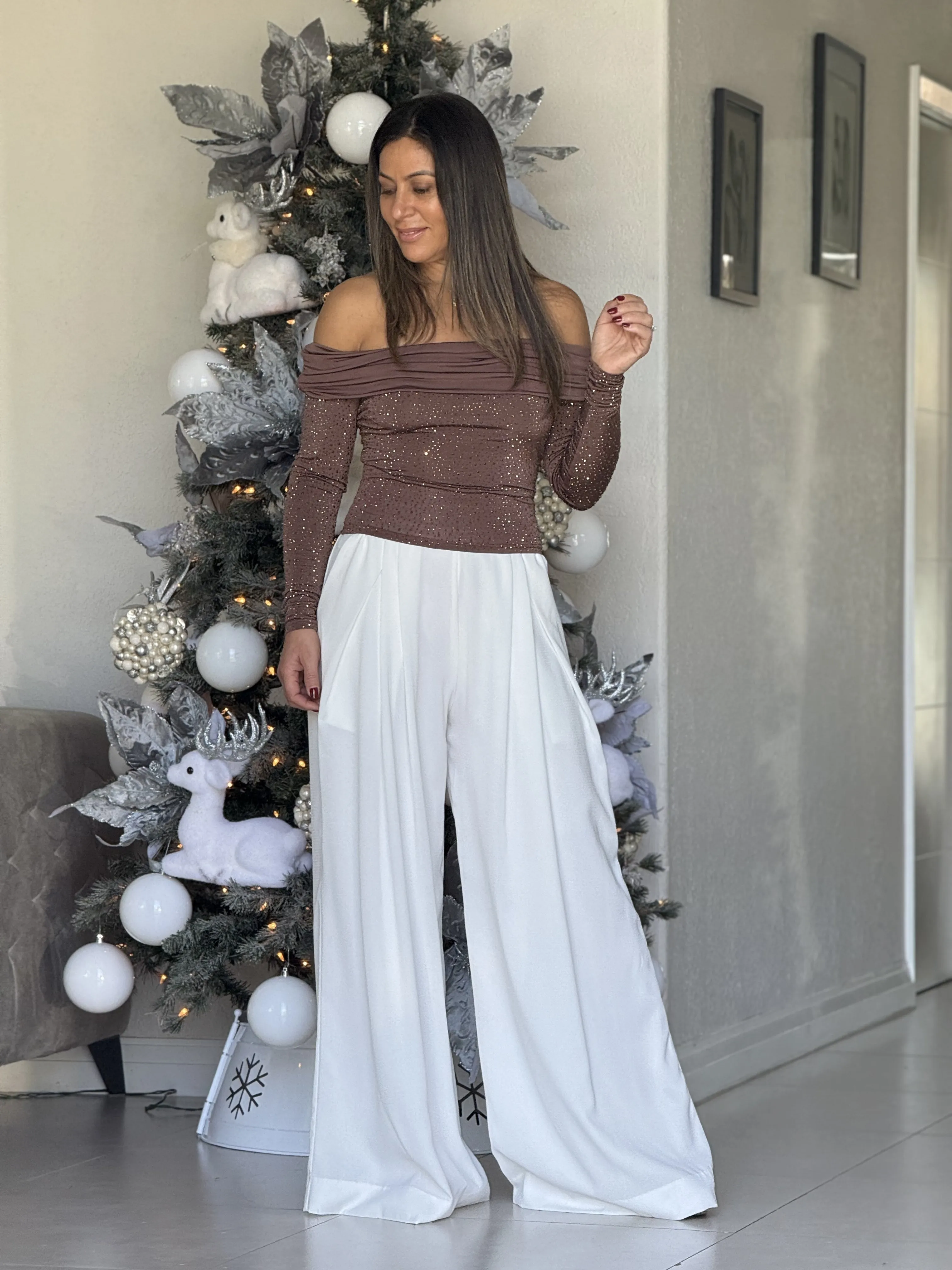 "Genesis" Rhinestone Long Sleeve Off Shoulder Top