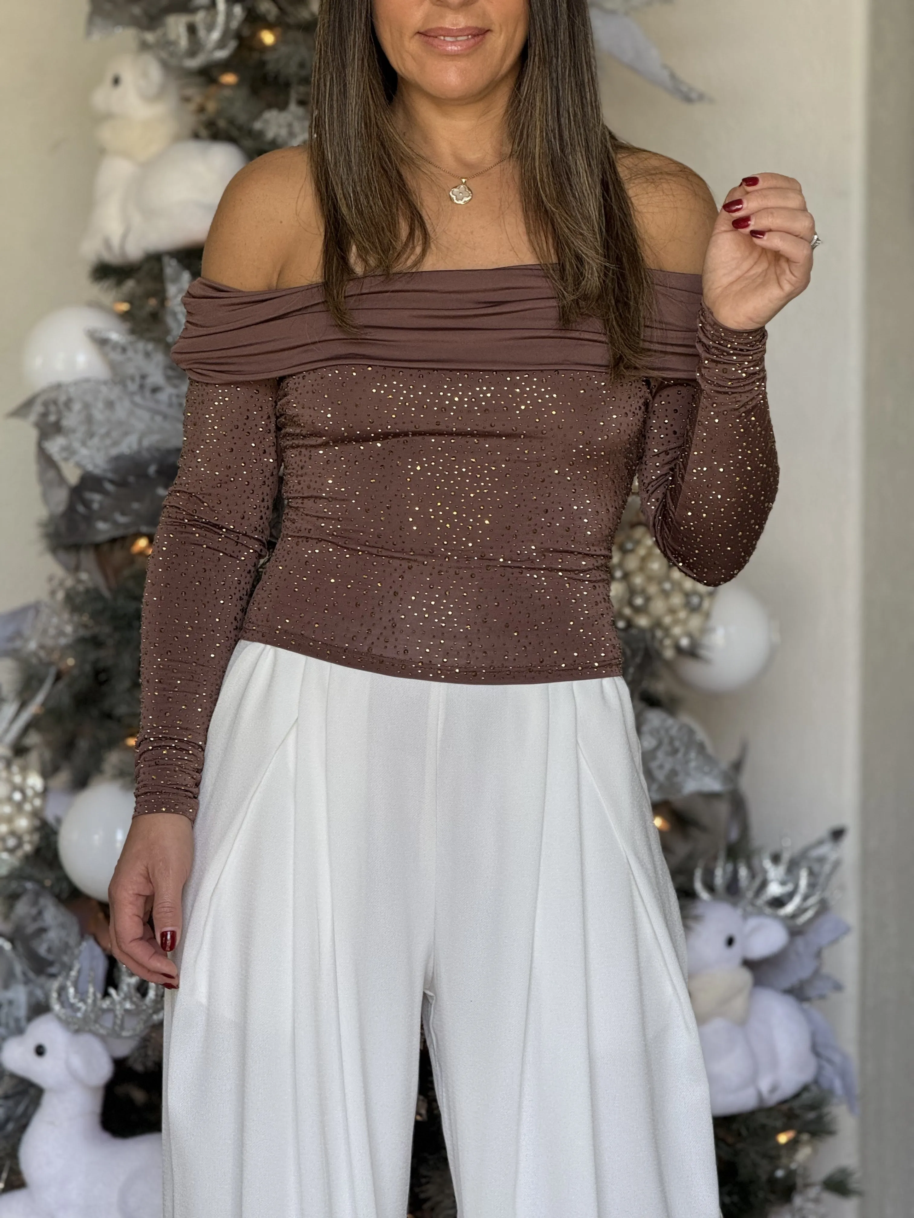 "Genesis" Rhinestone Long Sleeve Off Shoulder Top