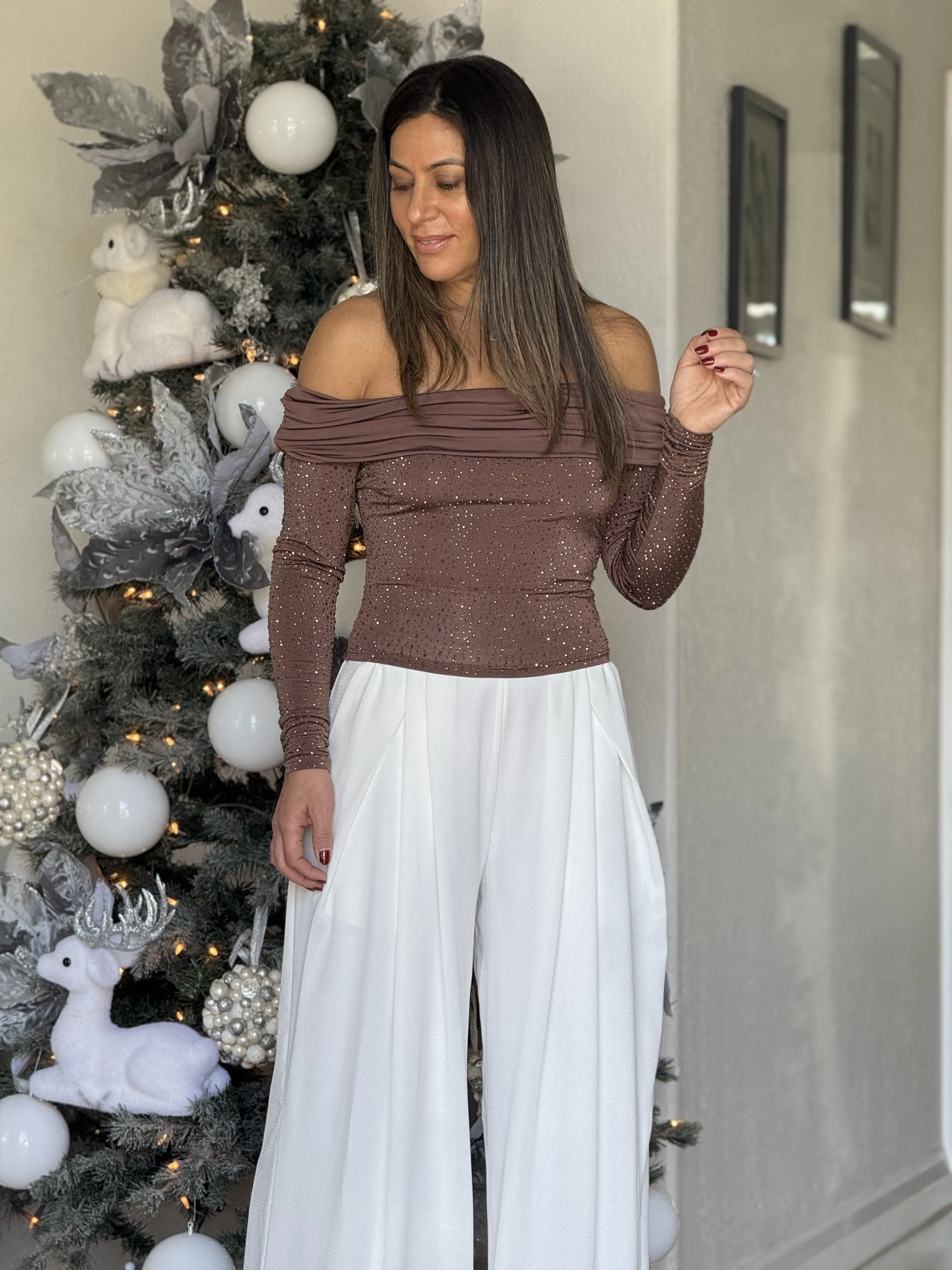 "Genesis" Rhinestone Long Sleeve Off Shoulder Top