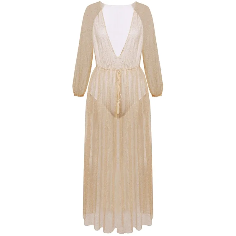 "Glitter Goddess" Sheer Maxi Dress - Gold