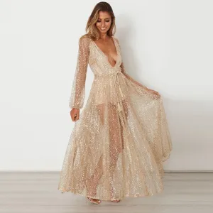 "Glitter Goddess" Sheer Maxi Dress - Gold