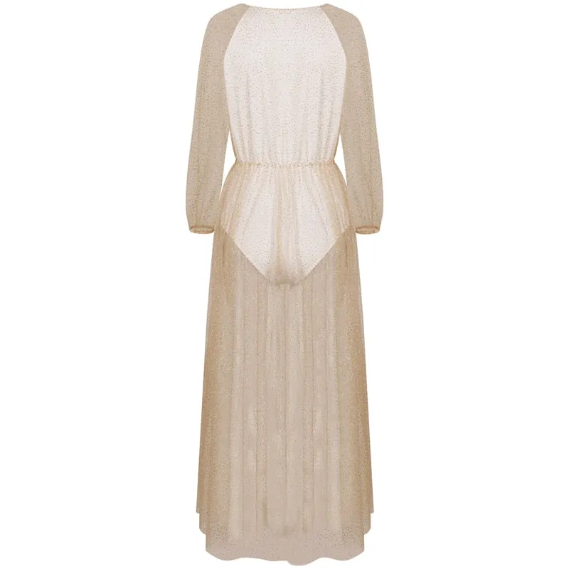 "Glitter Goddess" Sheer Maxi Dress - Gold