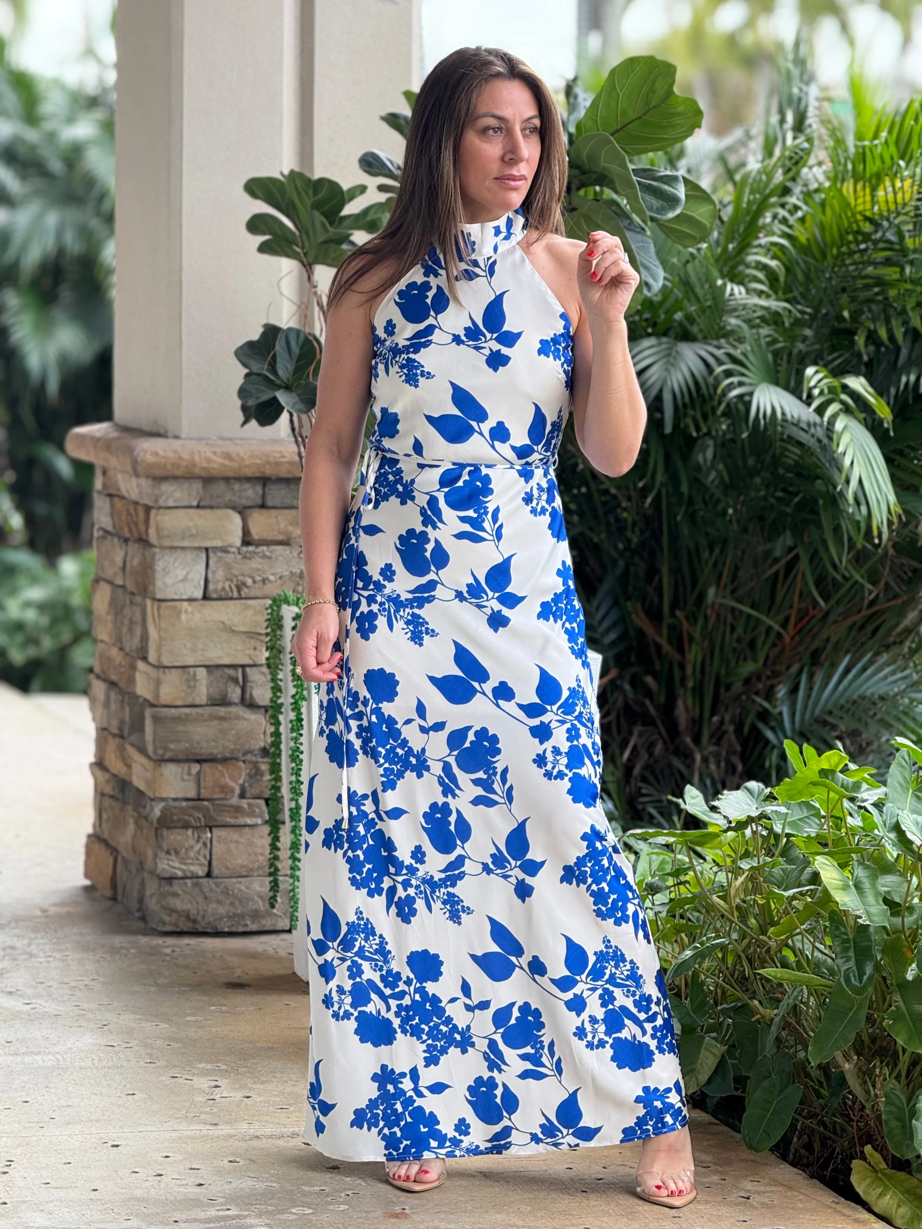"Goia" Halter Neck Satin Print Maxi Dress