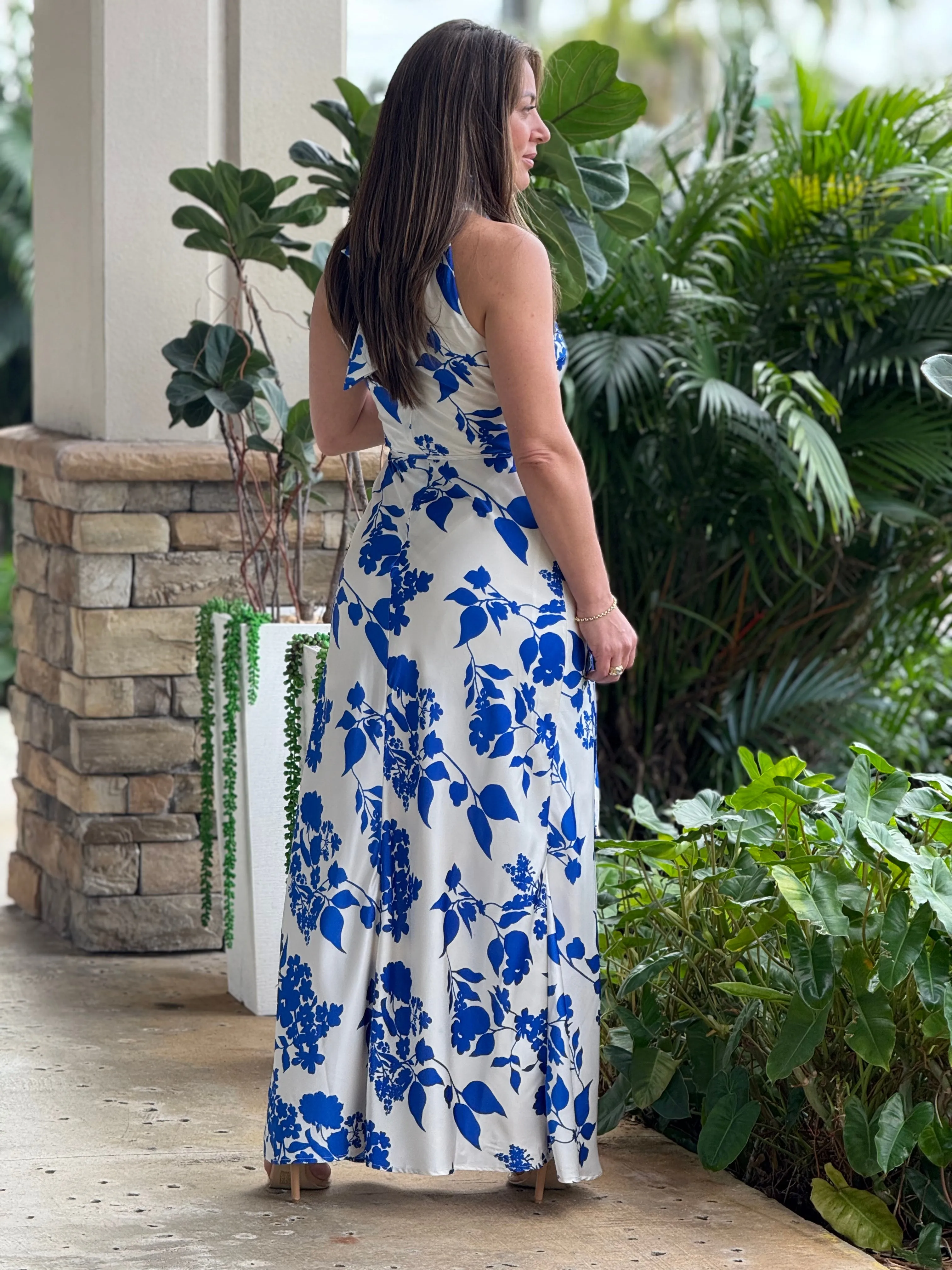 "Goia" Halter Neck Satin Print Maxi Dress
