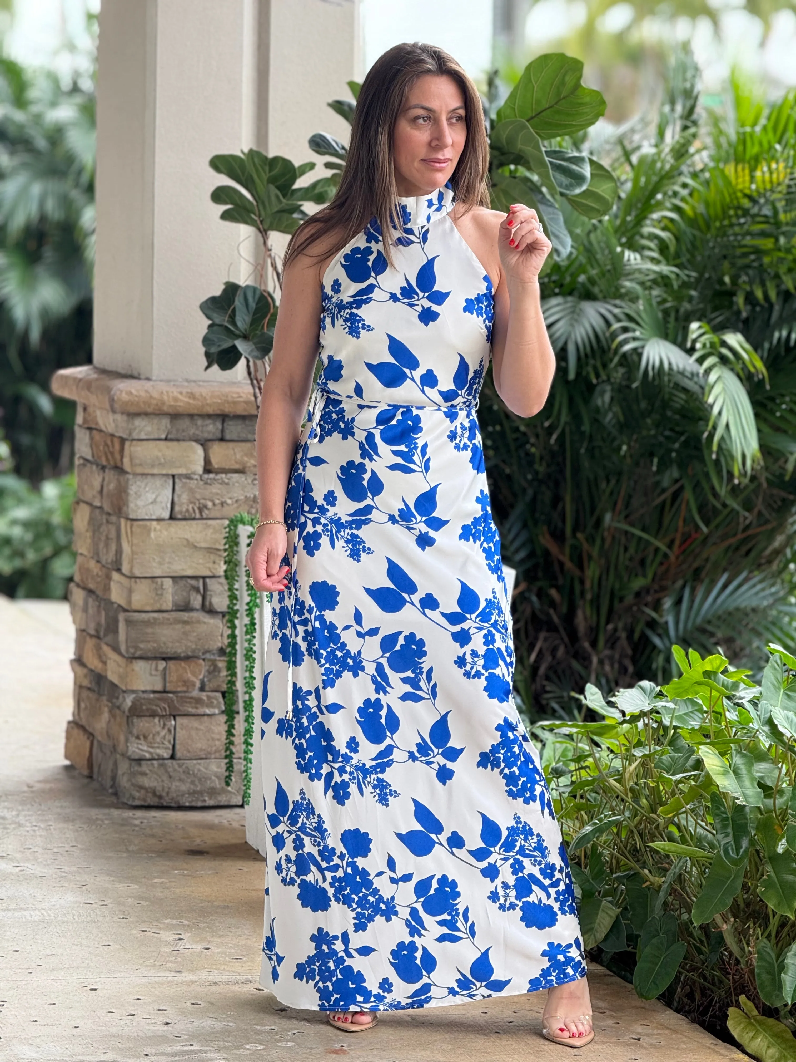 "Goia" Halter Neck Satin Print Maxi Dress