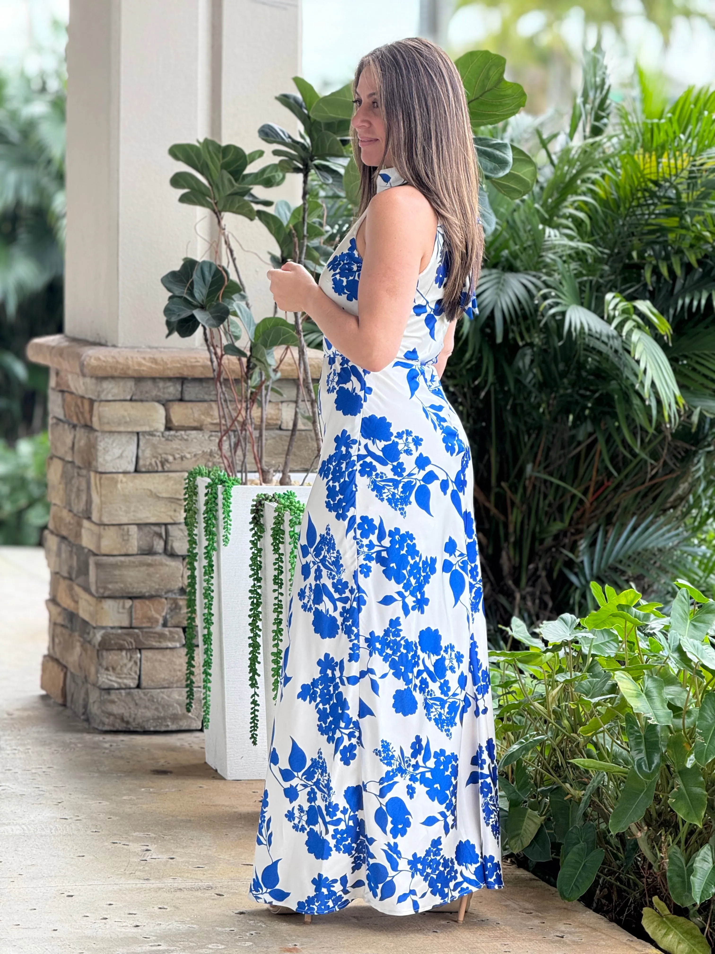 "Goia" Halter Neck Satin Print Maxi Dress
