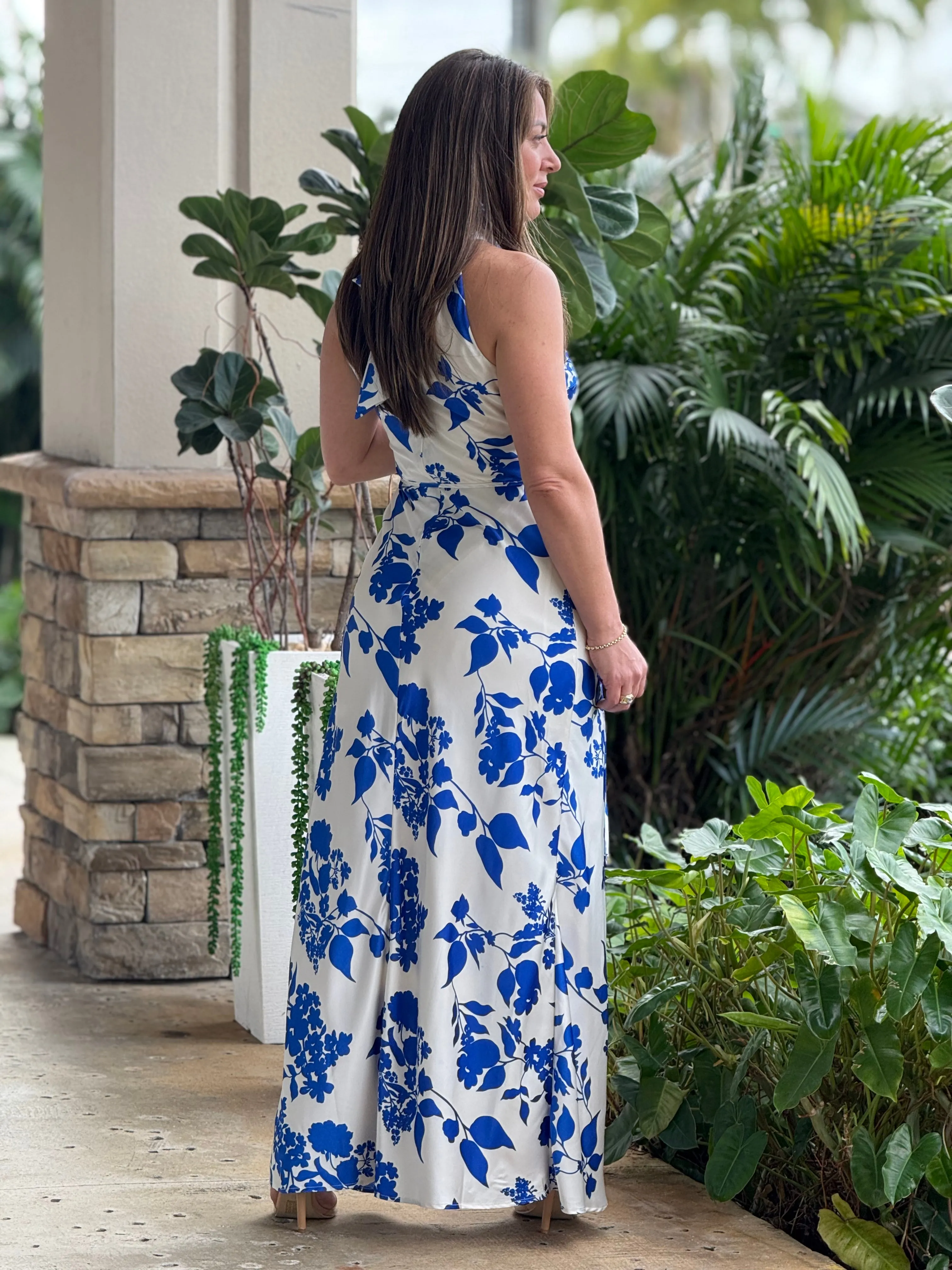 "Goia" Halter Neck Satin Print Maxi Dress