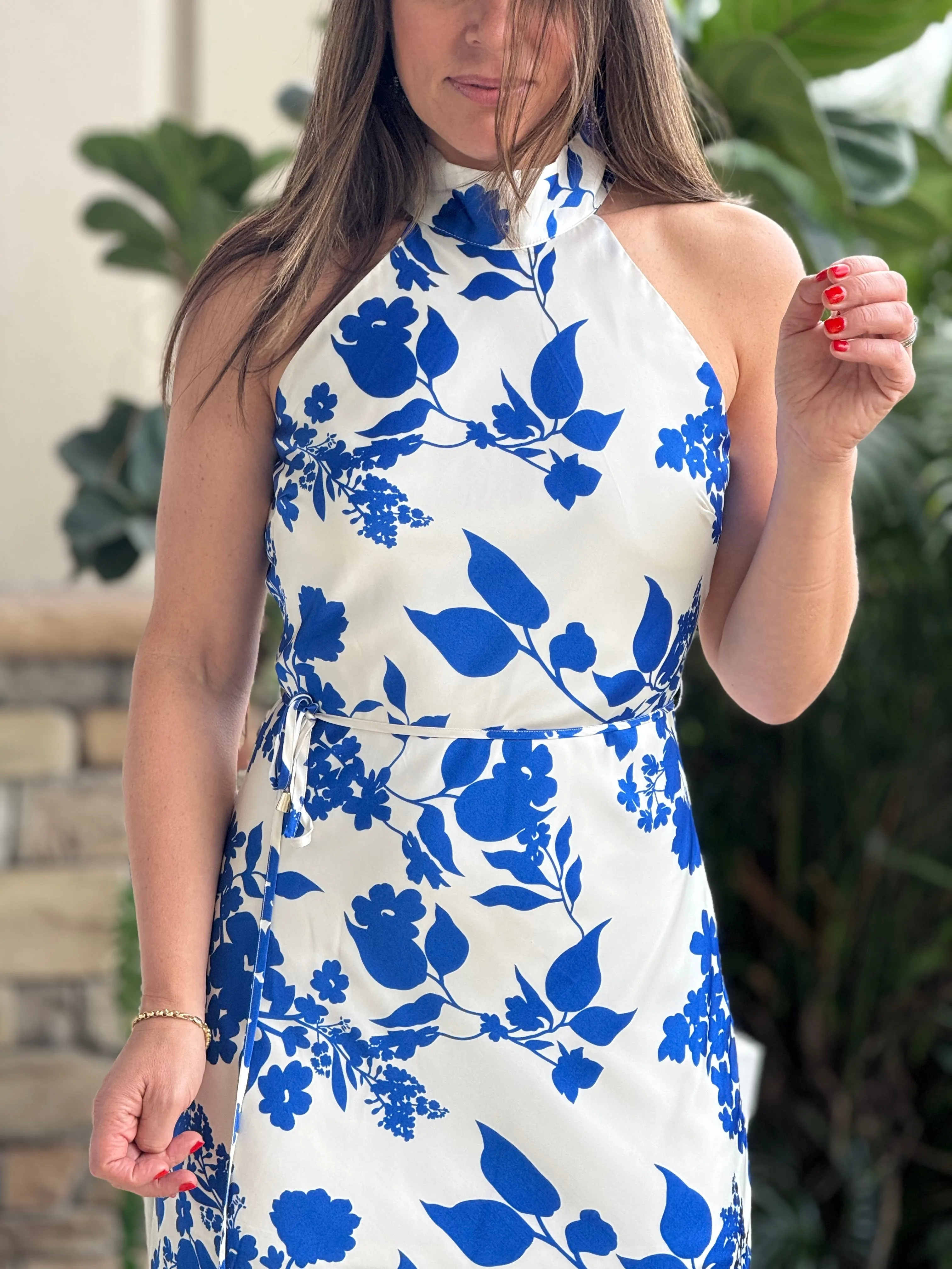 "Goia" Halter Neck Satin Print Maxi Dress