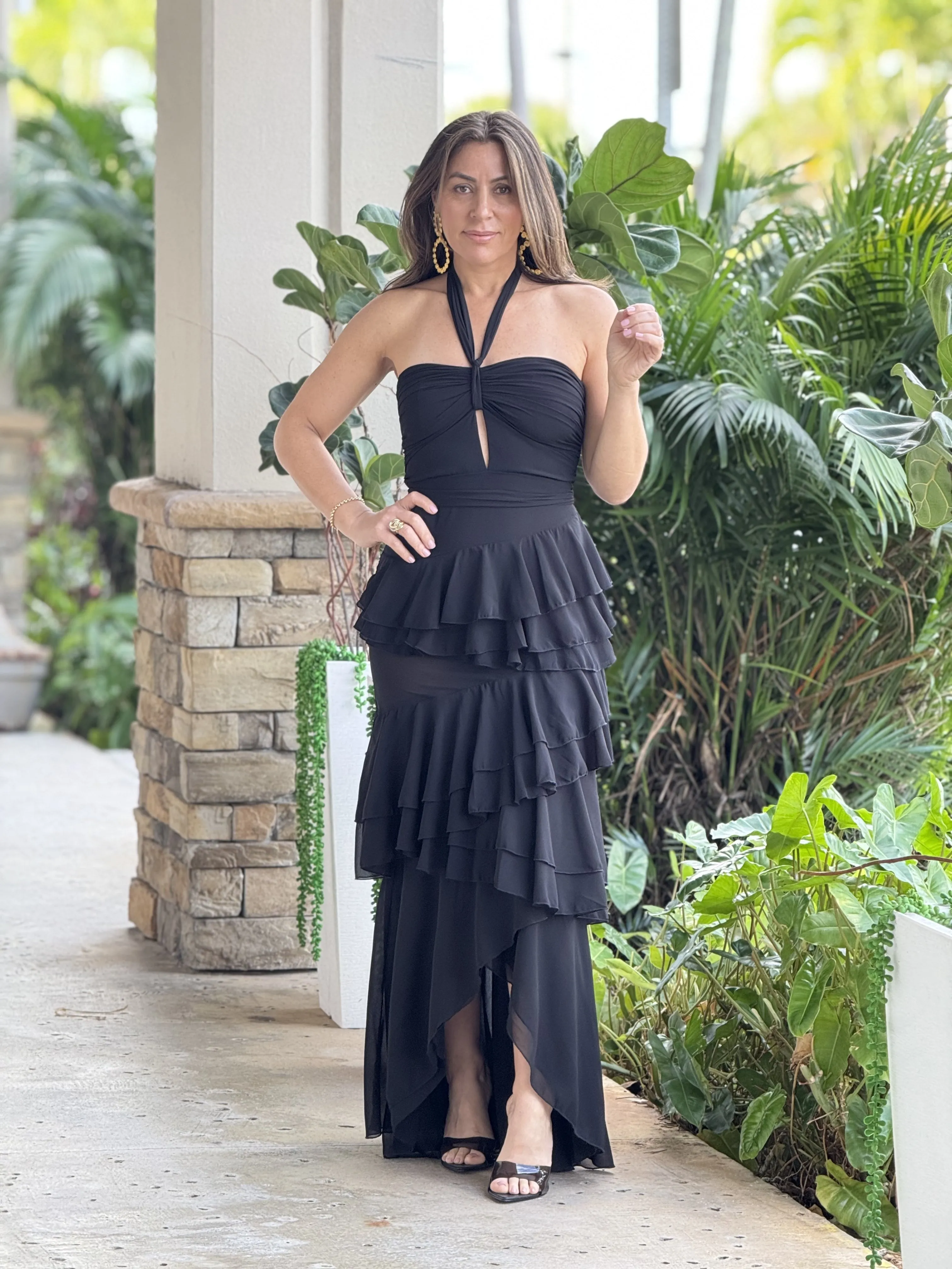 "Isabelle" Halter Ruffles Layers Maxi Dress
