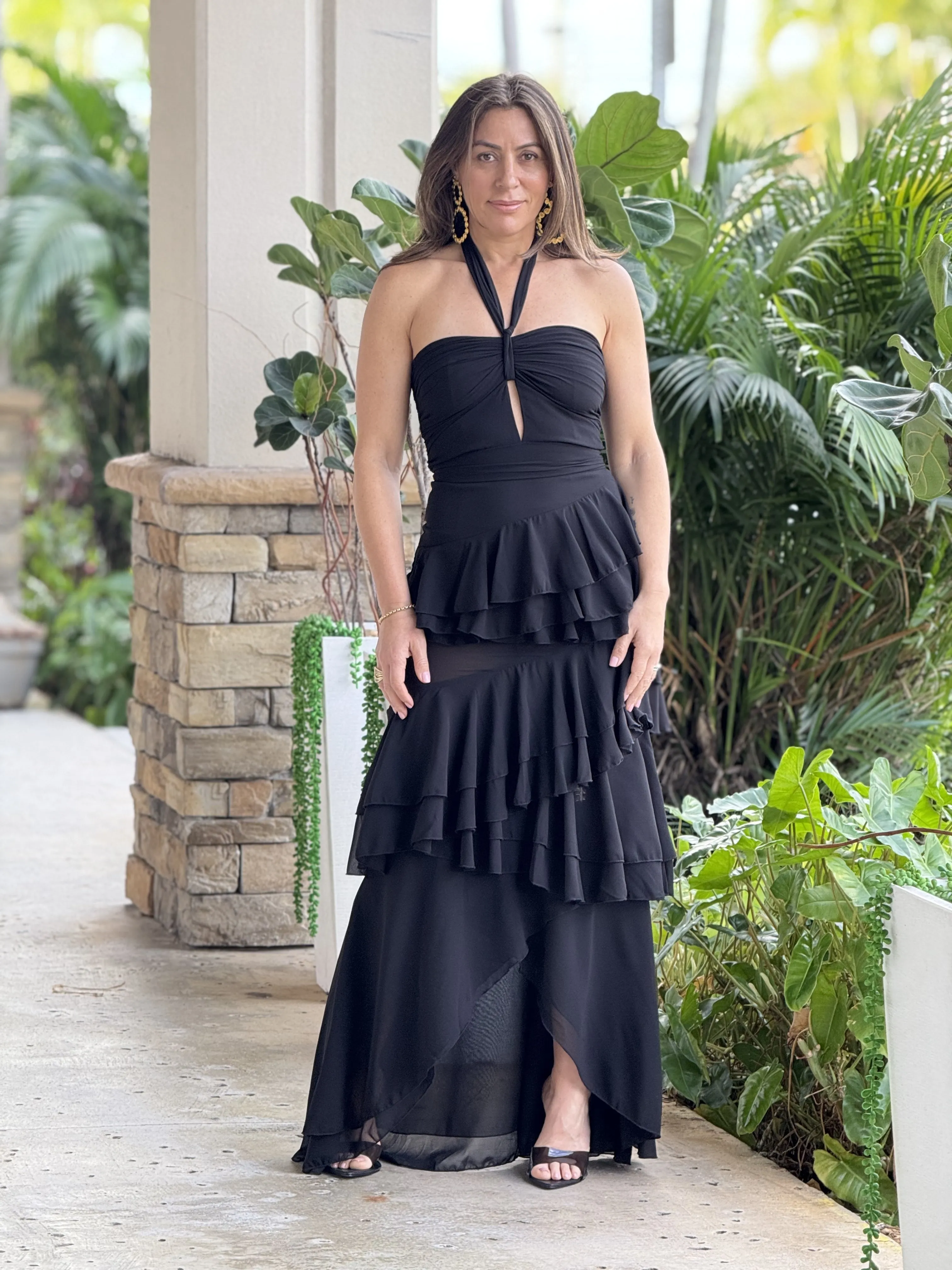 "Isabelle" Halter Ruffles Layers Maxi Dress