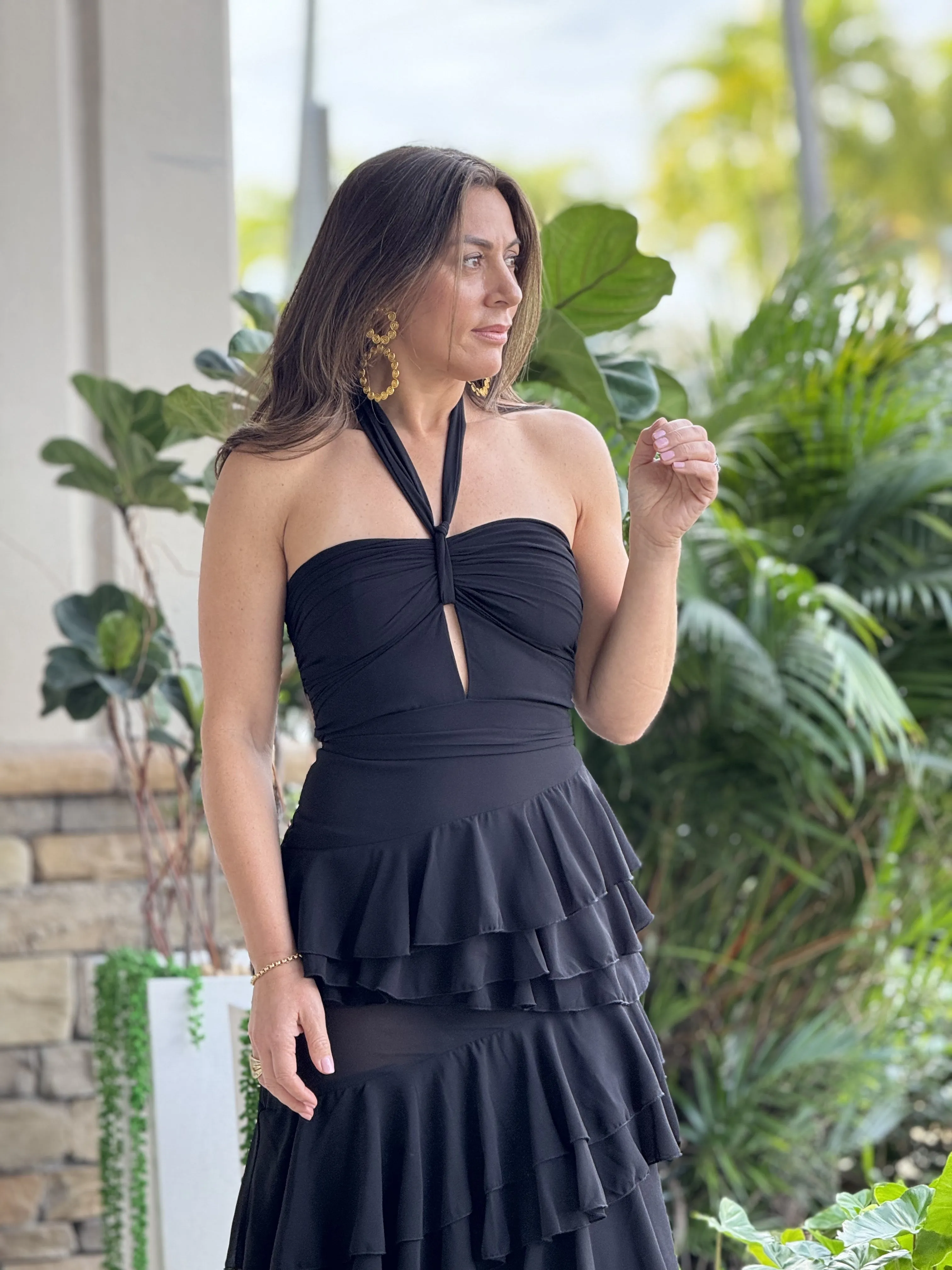 "Isabelle" Halter Ruffles Layers Maxi Dress